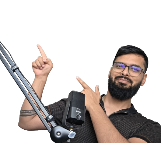 Tushar, host of 12 Reasons Why, at the podcast microphone